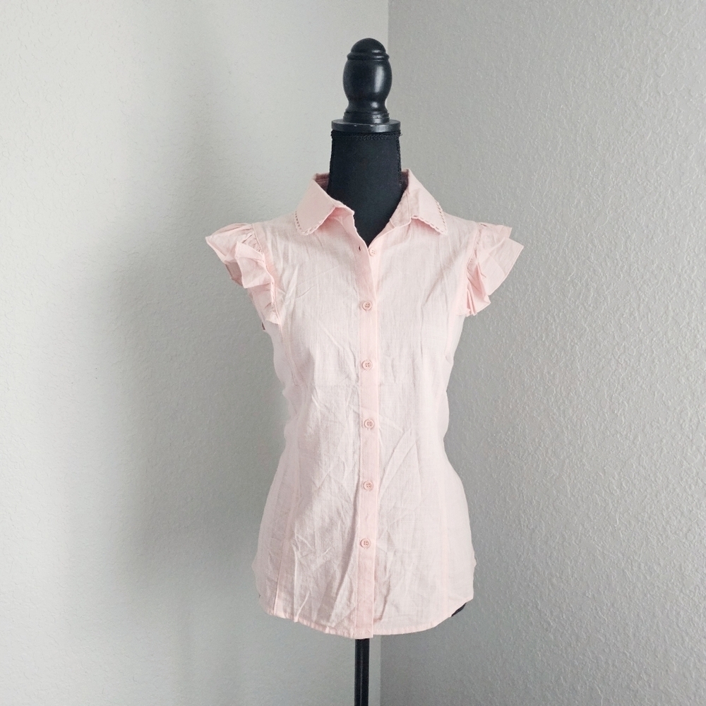 Button Down Flutter Sleeveless Eyelet Trim Collared Tailored Blouse Blush Pink S